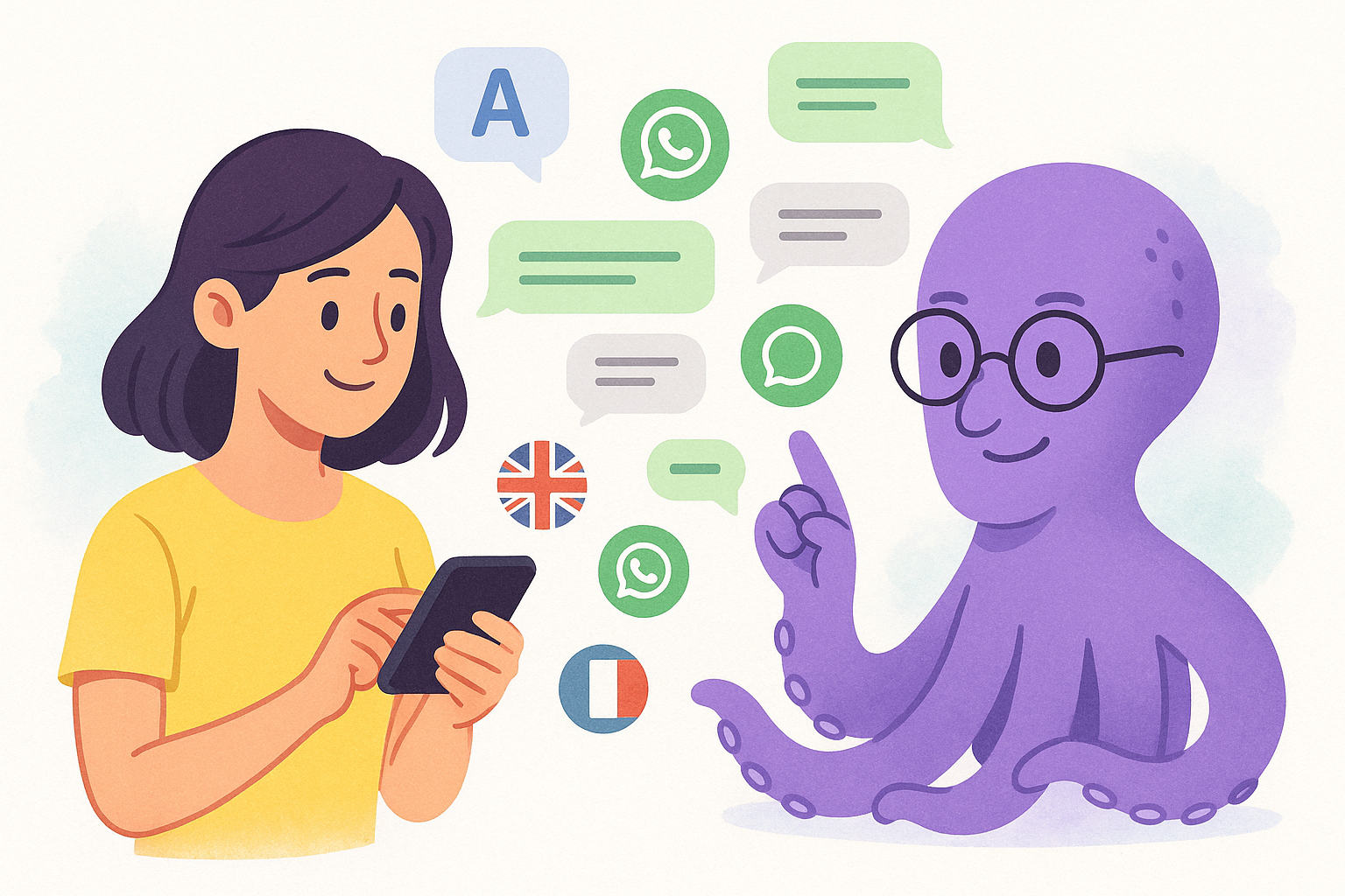 Ilustración del método Octopus: Sofía y el profesor corrigiendo mensajes en WhatsApp