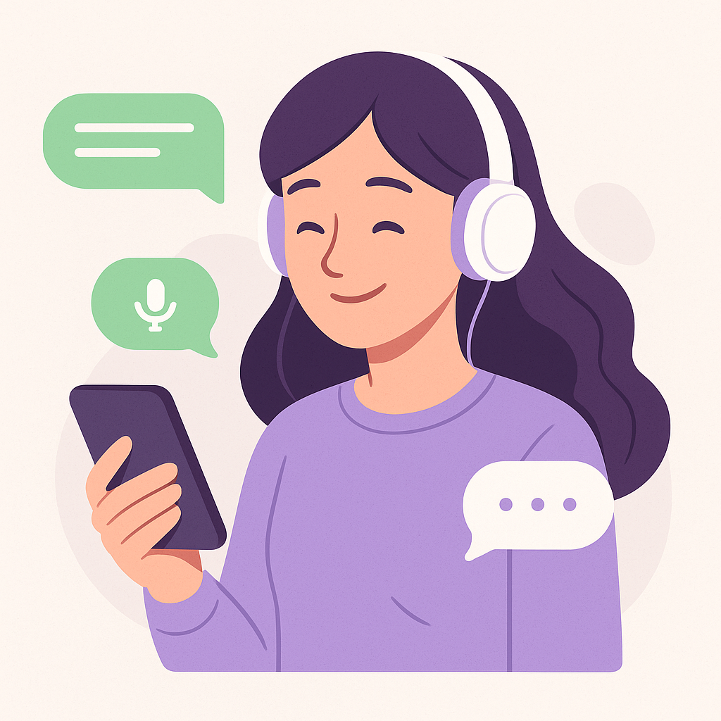 Ilustración de Sofía enviando mensajes de voz por WhatsApp