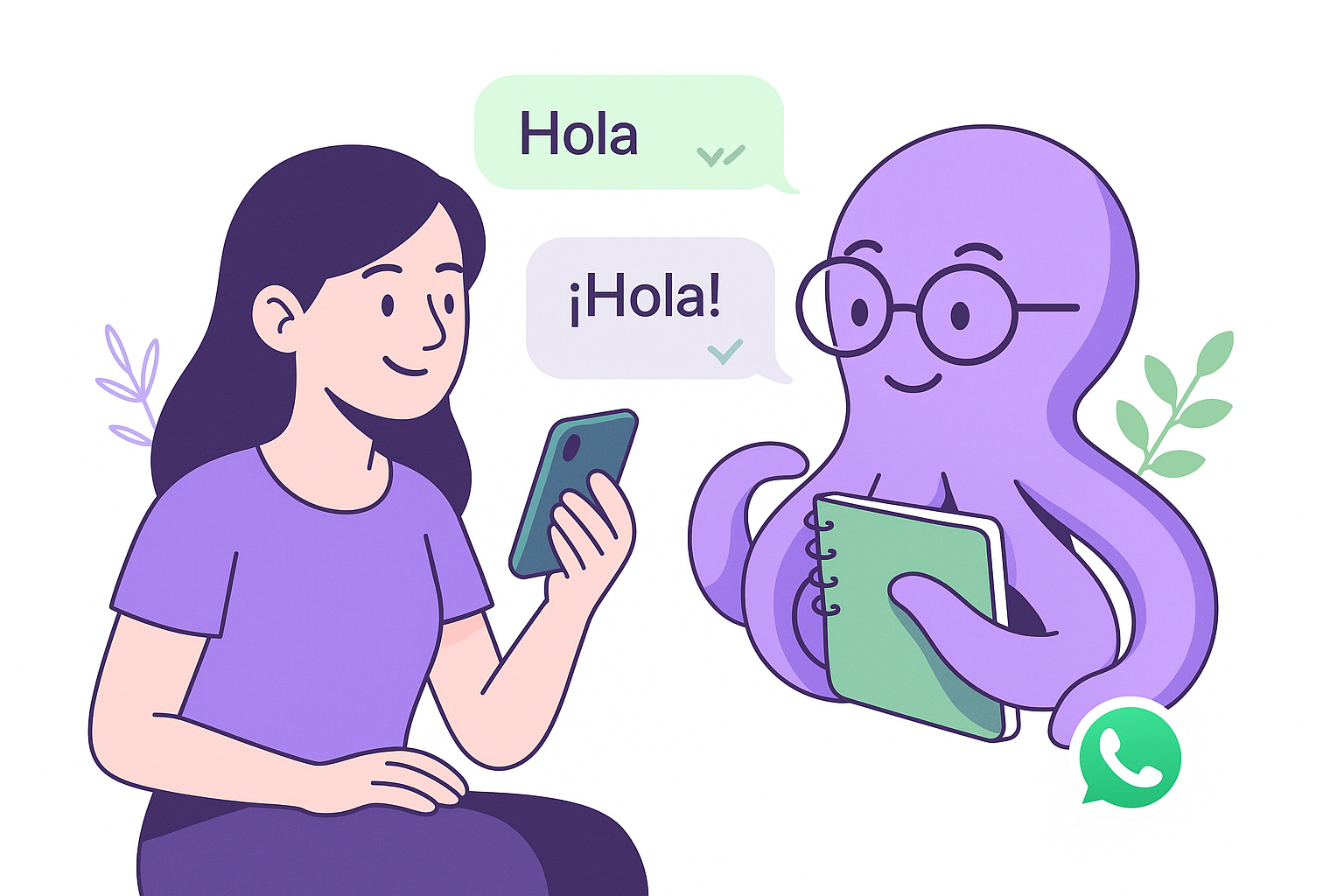 Ilustración de Sofía y el Profesor Octopus conversando por WhatsApp